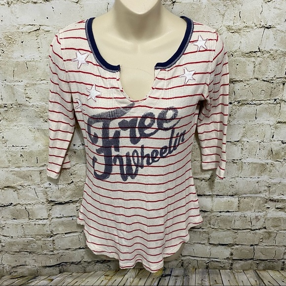 We The Free Cream Red Striped Free Wheeling 3/4 Sleeve Top - Picture 2 of 5